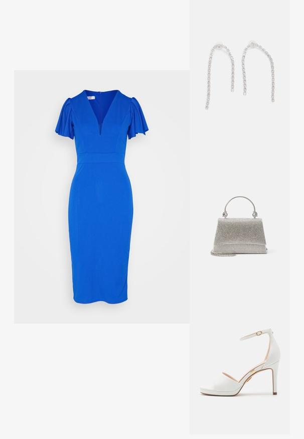WAL G. ANTALYA RUFFLE MIDI - Cocktailjurk - electric blue; Witte sandaal met hoge hak, enkelriem en open teen, met een dunne gouden gesp en een slanke stilettohak.; ALDO FELISIA - Handtas - silver-coloured; Zilveren oorbellen met hangende kettingen, voorzien van meerdere heldere edelstenen die in een lineair patroon zijn gerangschikt, wat een schitterend effect geeft.