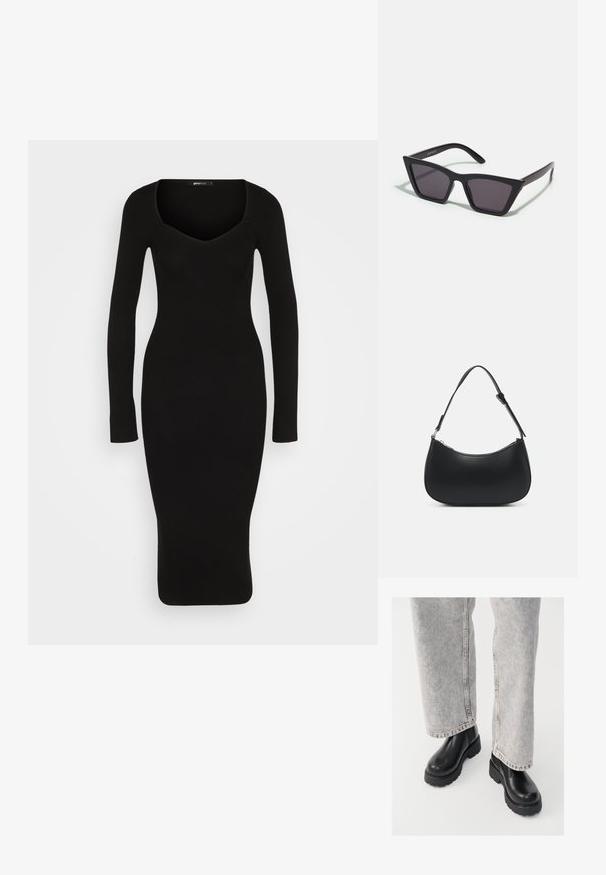 Schwarzes geripptes Strickkleid mit enganliegendem Schnitt, langen Ärmeln und tiefem V-Ausschnitt. Der Stoff hat eine glatte, dehnbare Textur.; Vagabond COSMO - Plateaustiefelette - black; Schwarze, eckige Sonnenbrille mit grauen Gläsern; aus Kunststoff gefertigt, mit dicken Bügeln, die eine glatte Oberfläche und keine sichtbaren Beschläge haben.; Pieces PCALUANA SHOULDER BAG - Handtasche - black