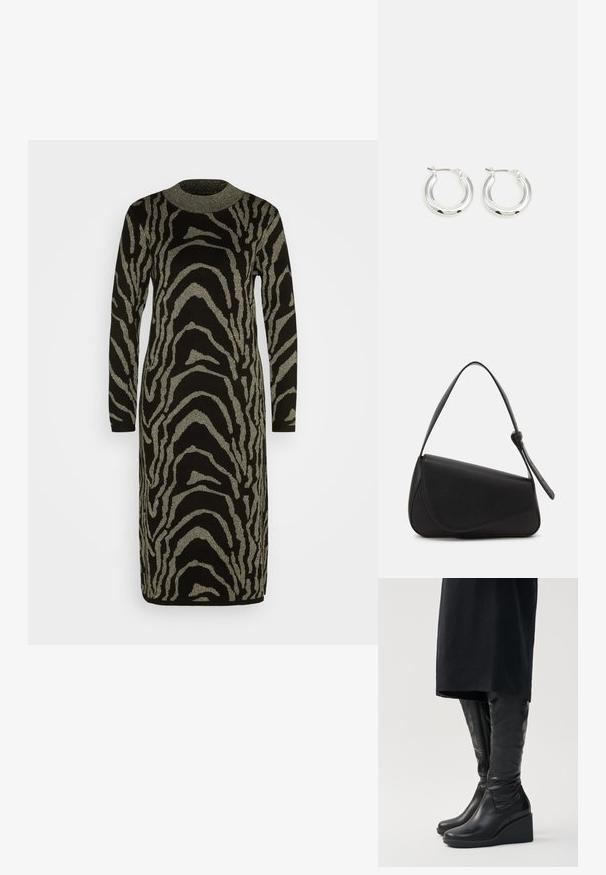 ONLY ONLRIKKE GLITTER DRESS - Gebreide jurk - black/gold; Zwarte leren knielange laarzen met een sleehak, met een gladde textuur en een zijrits. Ontworpen met een slanke, aansluitende silhouet.; Zwart leren handtas met een driehoekige vorm, schuine klep en een ronde handgreep. Heeft een gladde textuur en minimalistische ontwerpelementen.; Zilveren oorbellen in de vorm van een ring met een gepolijste afwerking, met een cirkelvorm en een scharnierende postsluiting. Glad oppervlak met minimale details.