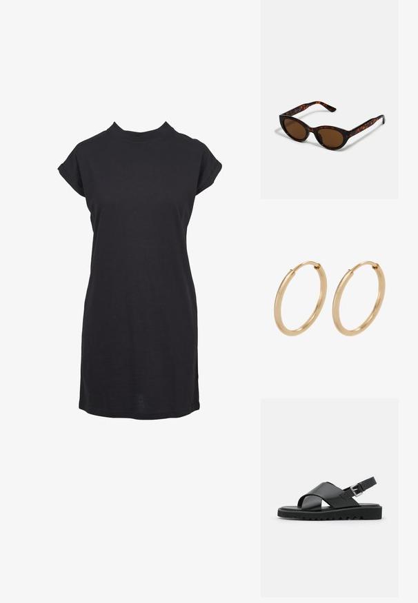 Schwarzes Baumwoll-T-Shirt-Kleid mit hochgeschlossenem Kragen und umgeschlagenen Kurzärmeln. Gerader Schnitt in mittellanger Länge, bis zur Mitte des Oberschenkels. Glatte Textur.; Schwarze Leder-Sandalen mit einem Kreuzriemen-Design, verstellbarem Schnallenverschluss und strukturierten Sohlen mit Rippen für besseren Halt.; Braune Schildpatt-Sonnenbrille mit einer Vintage-Cat-Eye-Form und braunen Gläsern. Verfügt über gebogene Bügel mit roten Akzenten.; Goldene Creolen mit einer glatten, polierten Oberfläche. Abgerundete Form, mittlere Größe, ausgestattet mit einem sicheren Verschlussmechanismus.