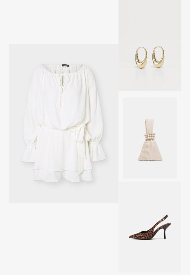 Witte jurk met lange mouwen, gerafelde manchetten, een strik in de halslijn, een gelaagde rok en een stoffen riem gestrikt in de taille.; Slingback hoge hakken met luipaardprint, een spitse neus, zwarte glanzende hak en verstelbare enkelband. Zacht materiaal met een gestructureerde afwerking.; Kleine beige handtas met plooien, voorzien van een geknoopt handvat en drie ronde kralenarmbanden die rond het midden zijn gewikkeld.; Gouden hoopoorbellen met een gebogen, buisvormige vorm. Glad, glanzend oppervlak met een naadloze scharnierbevestiging. Eenvoudig en elegant ontwerp.