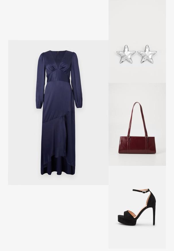 Vestido de satén azul marino con mangas largas, escote en V y cuerpo fruncido. Presenta un dobladillo asimétrico y una textura suave y elegante.; Sandalia de tacón alto de ante negro con suela de plataforma, tira en el tobillo con herrajes plateados, diseño de punta abierta y textura suave.; Bolso burdeos hecho de material brillante, de forma rectangular, con dos asas para el hombro y sutiles acentos curvados en la parte frontal.; Pendientes en forma de estrella plateada con una superficie pulida y brillante. Cada pendiente presenta cinco puntas y sutiles detalles de textura en la superficie.