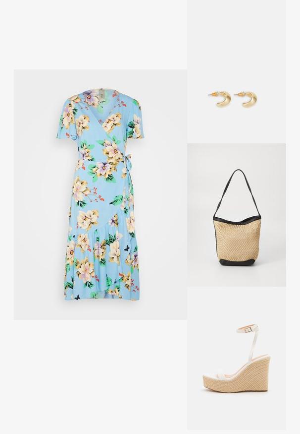 YAS YASCIMELLO MIDI WRAP DRESS - Denné šaty - light blue; Biele wedge sandále s textúrovanou rope platformou, s tenkým pásikom okolo členka a hladkým, uzavretým dizajnom špičky.; Tkaná slamenná taška s prírodnou textúrou, zvýraznená čiernym syntetickým koženým lemom a ramenným popruhom; dizajn bez vrchu.; Zlaté náušnice v tvare pologuľe s hladkým povrchom, s oranžovými akcentmi pri úchyte a striebornými komponentmi.