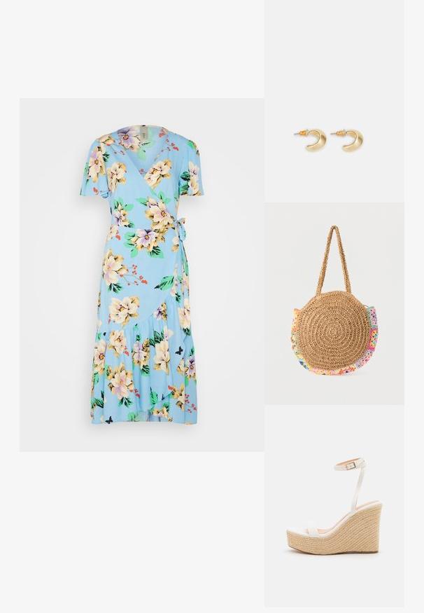 YAS YASCIMELLO MIDI WRAP DRESS - Vestido informal - light blue; Sandalia de cuña blanca con plataforma de cuerda texturizada, que presenta una delgada correa en el tobillo y un diseño de punta cerrada suave.; Bolso redondo de paja tejida con una correa corta y detalles multicolores de crochet alrededor de los bordes.; Pendientes en forma de media luna de oro con un acabado suave, que presentan acentos naranjas cerca del pasador y herrajes de plata.