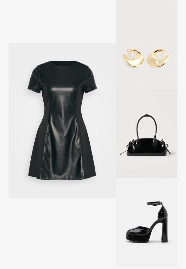 Vestido negro con un corpiño ajustado, mangas cortas y falda acampanada. Hecho de una combinación de cuero elegante y tela suave.; Zapatos de tacón de charol negro con plataforma y correa al tobillo, punta redondeada y tacón cuadrado, que muestran una textura lisa y brillante.; Pequeño bolso negro brillante con dos asas largas y detalles de cordón lateral sobre un fondo claro liso.; Un par de pendientes tipo botón en forma de media luna, brillantes y dorados, con respaldos de plástico transparente sobre una superficie de color gris claro.