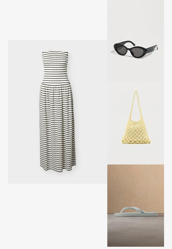 Vestido sin tirantes hasta el suelo con cintura fruncida, con rayas horizontales texturizadas en blanco y negro.; Sandalia tipo chancla de goma beige claro con plantilla texturizada y correa en forma de Y sobre un fondo gris liso.; Gafas de sol negras con una forma de ojo de gato sobredimensionada. Montura de plástico lisa con lentes oscuras y pequeños detalles de estrellas en los lados.; Bolso de red de macramé amarillo con correa larga y bolsa beige en su interior, mostrado sobre un fondo blanco liso.