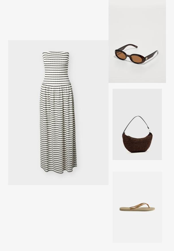 Mouwloze jurk tot op de grond met een geplooide taille, uitgevoerd in textuurrijke zwart-witte horizontale strepen.; Beige teenslipper met gestructureerde zool en bronzen metalen Y-vormige banden op een witte effen achtergrond.; Bruine schildpadzonnebril met ovale lenzen, met een dunne montuur en een kleine metalen accent aan de zijkant. Geverfd en gepolijst afwerking.; Bruine geweven handtas met een gebogen vorm en een zwarte enkele schouderriem tegen een effen lichtgrijze achtergrond.