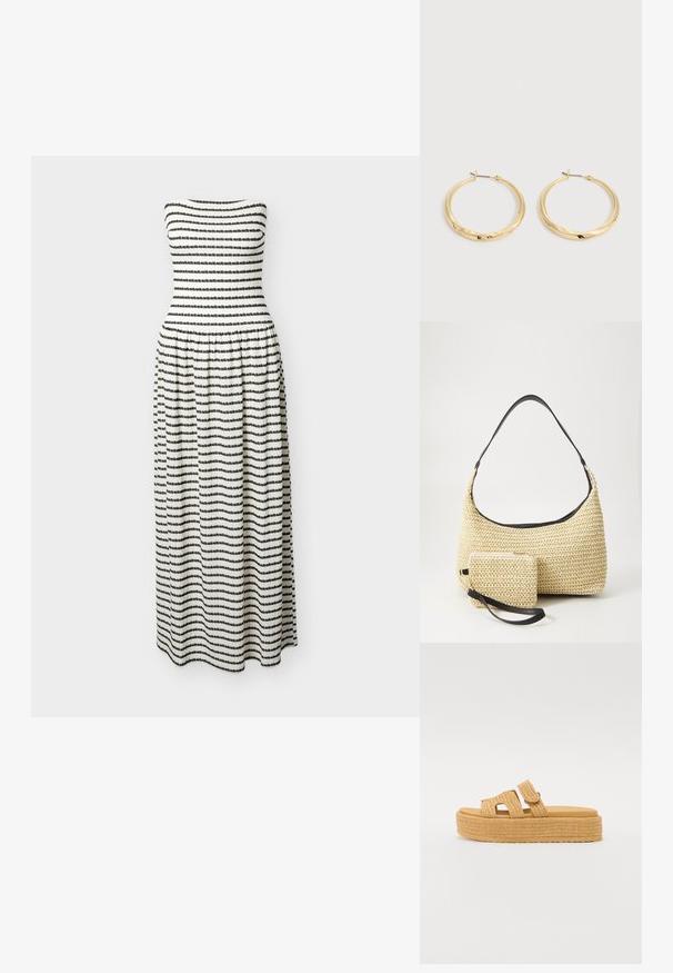 Mouwloze jurk tot op de grond met een geplooide taille, uitgevoerd in textuurrijke zwart-witte horizontale strepen.; Steve Madden BIGMISSILE - Pantoffels - beige; Geweven strohandtas met een gebogen silhouet, voorzien van een soepele zwarte leren schouderband en een bijpassend klein zakje dat is bevestigd met een polsband.; Een paar gepolijste gouden oorringen met dunne pennen en scharnierende sluitingen, tentoongesteld op een effen lichtgrijze achtergrond.