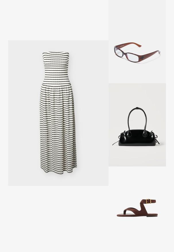 Vestido sin tirantes hasta el suelo con cintura fruncida, con rayas horizontales texturizadas en blanco y negro.; Sandalia de ante marrón con un diseño sin hebillas, correa en el tobillo con hebilla y suela plana. Punta abierta con una textura suave.; Gafas rectangulares con tintado marrón y acabado brillante, con varillas delgadas y lentes transparentes. Logo visible en la patilla izquierda.; Pequeño bolso negro brillante con dos asas largas y detalles de cordón lateral sobre un fondo claro liso.