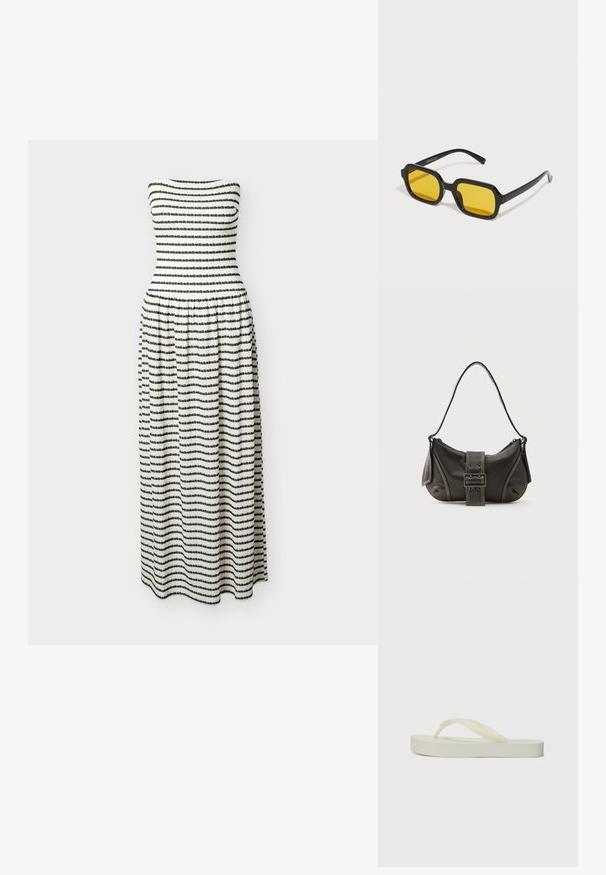 Vestido sin tirantes hasta el suelo con cintura fruncida, con rayas horizontales texturizadas en blanco y negro.; Chanclas de color crema claro con suela plana, tiras gruesas texturizadas y un acabado suave. Material suave, diseño minimalista y sin marca destacada.; Gafas de sol negras rectangulares con lentes amarillos. Presentan montura gruesa y un diseño angular con un acabado liso y brillante.; Bolso de hombro de cuero negro con detalle de correa con hebilla, bordes curvos y costuras blancas en contraste sobre un fondo liso.
