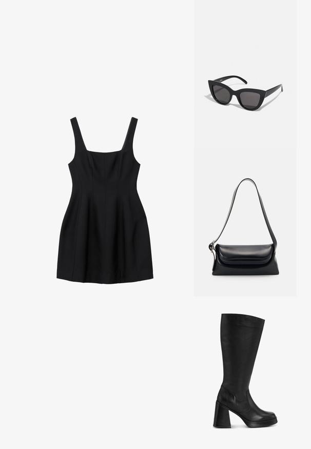 Robe noire sans manches avec un décolleté carré, des coutures pour la structure et une jupe évasée. Fabriquée en un tissu lisse avec une finition mate.; Bottes noires jusqu'au genou en cuir lisse, avec un talon épais et un bout rond. Le design est épuré avec un minimum de matériel.; Lunettes de soleil noires en forme d'œil de chat avec une finition mate, dotées de verres teintés gris, d'angles aigus et de branches élégantes. Nom de la marque visible sur la branche intérieure.; Sac à main en cuir noir avec une forme structurée, une texture lisse et une seule bandoulière. Présente un design de rabat arrondi et subtil.