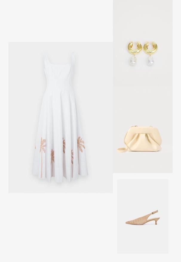 Robe midi blanche sans manches avec corsage ajusté et jupe évasée présentant des imprimés de palmiers marron près de l'ourlet.; Chaussure beige à bouts pointus avec dessus perforé, petit talon kitten, et bride réglable à boucle dorée sur fond blanc.; Pochette en cuir souple beige avec cadre structuré et détail plissé à l'avant, équipée d'une fine bandoulière pour poignet et d'une fermeture éclair dorée.; Boucles d'oreilles en métal doré avec une finition polie, ornées d'une perle blanche irrégulière suspendue. Design circulaire, texture lisse.