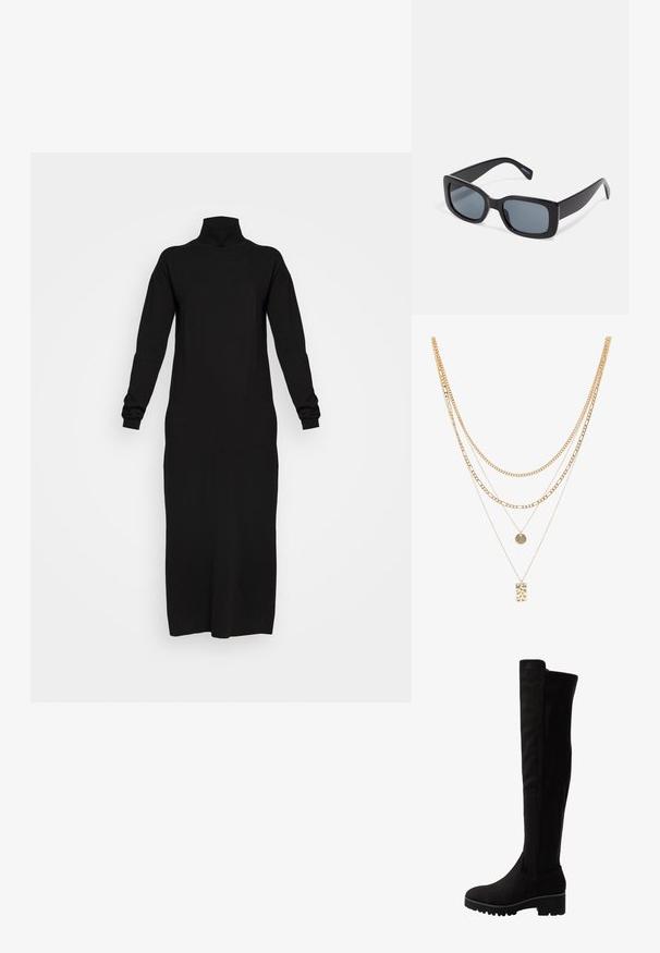 Sort langærmet turtleneck kjole, lavet af blødt stof, let figursyet form, når til midten af læggen, har ribbede manchetter og halsudskæring.; Sorte over-knæ støvler i blødt ruskind med flad sål, der har en rund tå og elastiske sidepaneler for nem påklædning.; Sorte rektangulære solbriller med mørkt tonede linser, tyk plastramme og brede stænger. Glat overflade og kantet design.; Guld multi-lag kæde med forskellige kædestilarter, herunder chunky led og fine kæder, med cirkulære og rektangulære vedhæng.