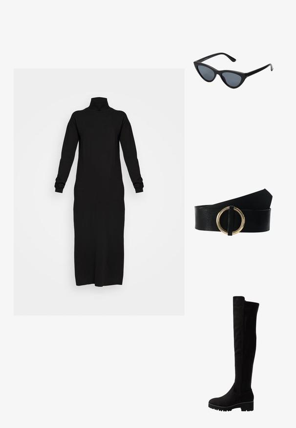 Schwarzes Langarm-Minikleid mit Rollkragen, aus weichem Material, leicht figurbetont, bis zur Mitte der Wade reichend, mit gerippten Bündchen und Ausschnitt.; Schwarze Overknee-Stiefel aus weichem Wildleder mit flacher Sohle, abgerundetem Zehenbereich und elastischen Seiteneinsätzen für ein einfaches An- und Ausziehen.; Schwarze Cat-Eye-Sonnenbrille mit dunkelgrauen Gläsern, schlankem Kunststoffrahmen, spitzen Ecken und geraden Bügeln. Keine sichtbaren Befestigungen oder Akzente.; Schwarzer Leder-Gürtel mit einem breiten Riemen und einer großen goldenen runden Schnalle. Glatte Textur mit glänzendem Finish und ohne sichtbare Muster.