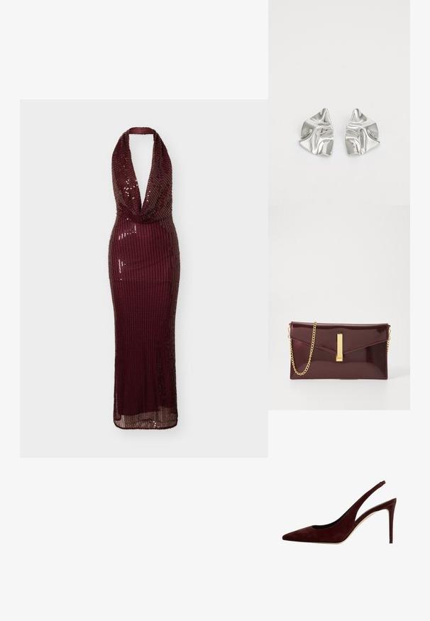 Lang bordeauxfarvet palietkjole med halterneck, dyb V-udskæring og tætsiddende silhuet.; Mørkerød suede slingback pump med spids tå og stiletto hæl, set fra siden på en hvid baggrund.; Bordeaux patentlædertaske med en guldkæde-rem, kuverttype, frontklap og en central detalje i guldhardware.; Sølvmetal øreringe med et bølgende, skulpturelt design, der har en poleret overflade og uregelmæssige former, hvilket fremhæver en moderne æstetik.
