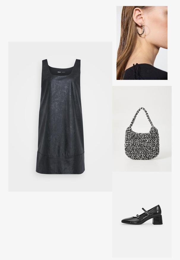 ONLY Tall ONLJOSIE DRESS - Vestido informal - black; Zapatos Mary Jane de charol negro con punta afilada, dos correas ajustables y tacón cuadrado grueso. Textura suave y acabado brillante.; Bolso de mano tejido en blanco y negro con forma redondeada, superficie texturizada y asa trenzada. Adecuado para uso casual.; Pendiente de aro de plata con un acabado pulido, que presenta pequeños detalles en dorado y una forma redonda, llevado en el lóbulo.