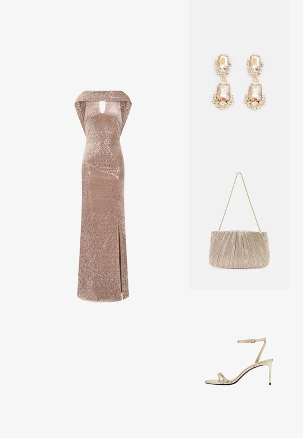 Robe en rose doré scintillant avec une silhouette ajustée, design décolleté, découpe en trou de clé et fente latérale. Tissu texturé brillant sur toute la surface.; Sandale à talon haut métallisée dorée avec une fine lanière autour de la cheville, ouverte à l'avant et avec des lanières croisées élancées. Fini brillant avec une semelle noire.; Sacs à main en tissu métallique plissé avec une chaîne dorée, de forme rectangulaire douce, couleur beige clair, surface texturée et détails froncés.; Boucles d'oreilles pendantes dorées mettant en avant de grands cristaux rectangulaires et ronds transparents, avec de plus petites pierres en accent, créant un design superposé.