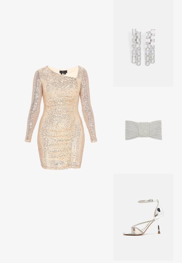 Jurk met pailletten, lange mouwen, een aansluitende pasvorm en een asymmetrische halslijn. Kleuren zijn goud en zilver met textuurrijke details.; Zilveren hoge hak sandalen met een geschenkdesign, glinsterend materiaal, strassaccenten en een slanke enkelband. Vierkante neus en gepolijste hak.; faina Clutch - silver coloured; Transparante rechthoekige oorbellen in een watervalontwerp, met meerdere gekoppelde stenen, gezet in zilverkleurig metaal met een gepolijste afwerking.