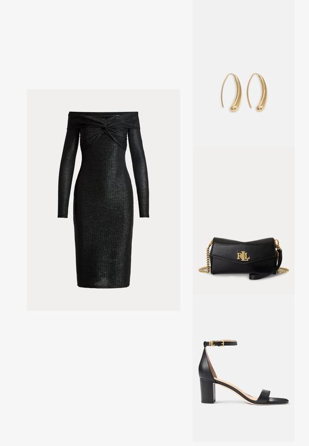 Sort off-the-shoulder kjole med lange ærmer, tekstureret stof, tætsiddende silhuet og et tvistet design ved halsen.; Lauren Ralph Lauren LOGAN BURNISHED LEATHER SANDAL - Sandaler - black; Sort læderclutch med guld RLL-logo foran, guldkæde-rem og aftagelig læderrem til håndleddet på hvid baggrund.; Guldfarvede metal hoops øreringe med en bøjet, forlænget form. Har en glat, skinnende overflade og en afrundet spids for ekstra detalje.
