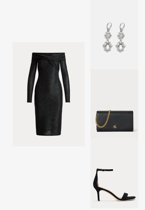 Schwarzes schulterfreies Kleid mit langen Ärmeln, strukturiertem Stoff, figurbetonter Silhouette und einem gedrehten Design am Ausschnitt.; Schwarze Wildleder-Sandalette mit schmalem Knöchelriemen und goldener Schnalle, offenem Zehenbereich und mittelhohem Absatz auf weißem Hintergrund.; Schwarze Lederbörse mit einer goldenen Kettenriemen, ausgestattet mit einem goldenen Logo auf der Vorderseite. Minimalistisches Design mit einer glatten Textur und schlanker Form.; Silberfarbene Ohrringe mit mehreren klaren Kristallgemmen in Tropfen- und Marquiseformen, mit Klappverschluss und kunstvollen Details.