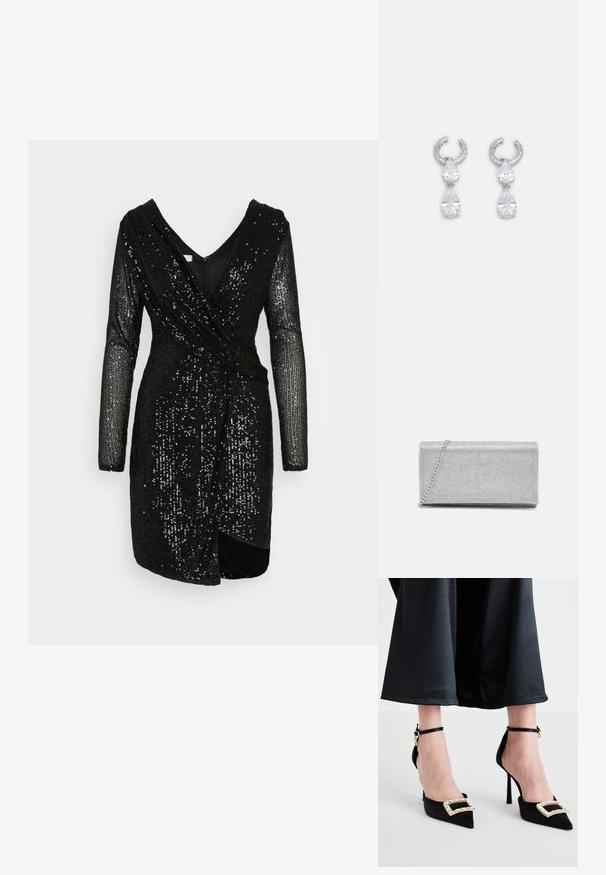 WAL G. PARTY SASHA DRESS - Cocktailkjole / festkjole - black; Sorte satin højhælede sko med spidse tæer, der har en dekorativ rhinesten spænde og tynde ankelremme.; Sølvmetallic clutchtaske med vævet netdesign, rektangulær form og en kædestrop til at bære. Glat tekstur og poleret finish.; Sølv øreringe med et tekstureret hoops-design, der har to klare dråbeformede krystaller og en mindre firkantet krystal nederst.
