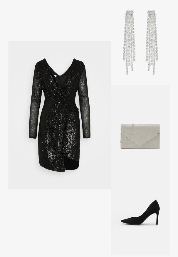 WAL G. PARTY SASHA DRESS - Kokteilikleit/peokleit - black; Mustmust musta kõrge kontsaga king, millel on terav nina, sile tekstuur ja õhuke stiletto konts. Klassikaline disain elegantselt voolujoonelisena.; Metallik hõbedane käekott, millel on ümbriku disain, kaunistatud tekstuuriga mustriga, millel on eemaldatav kett. ; Pikad hõbedased kõrvarõngad, millel on rida selgeid, facettide lõikega kristalle kaskaadsetes lõngades, millel on erinevad pikkused ja kujundid.