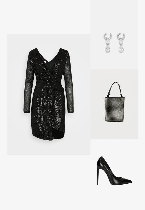 WAL G. PARTY SASHA DRESS - Cocktailjurk - black; Zwarte leren hoge hak met een puntige neus en een gladde textuur. Heeft een slanke silhuette en een stiletto hak.; Zwarte handtas bedekt met rechthoekige zilveren studs, met twee zwarte handvatten en een gestructureerde, rechthoekige vorm. Stevige bodem.; Zilveren oorbellen met een textuur in de vorm van een hoop, versierd met twee heldere druppelvormige kristallen en een kleiner vierkant kristal aan de onderkant.