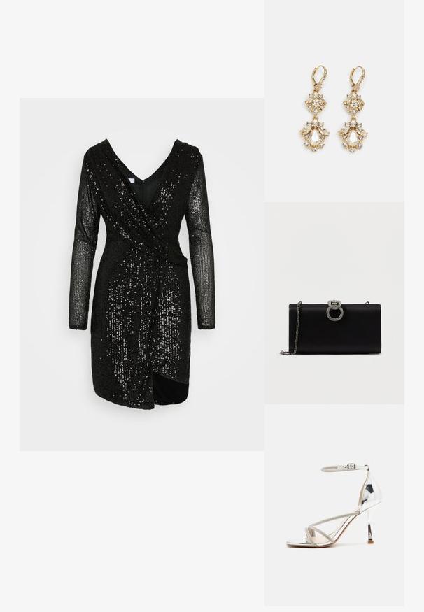 WAL G. PARTY SASHA DRESS - Cocktailjurk - black; Zilveren hoge hak sandalen met een geschenkdesign, glinsterend materiaal, strassaccenten en een slanke enkelband. Vierkante neus en gepolijste hak.; Zwarte satijnen clutch met een zilverkleurige ronde sluiting versierd met rhinestones, heeft een afneembare kettingriem.; Gouden hangoorbellen met een clusterontwerp, versierd met ronde en druppelvormige heldere kristallen, die zich kenmerken door ingewikkelde details.