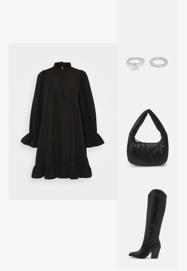 Schwarzes Kleid mit rüschengeschmücktem hohen Kragen, langen Puffärmeln, Knopfleiste vorne und schwingendem Rüschensaum. Aus leichtem Stoff gefertigt.; RAID LAKELYN - High Heel Stiefel - black; Schwarze Leder-Schultertasche mit lässigem Design, ausgestattet mit einem markanten, geknoteten Griff und einem Reißverschlussverschluss. Sanfte Textur über die gesamte Fläche.; ALDO PLAGENS SET - Ring - silver-coloured