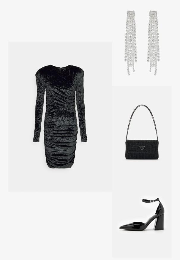 Robe en velours noir avec des manches longues, design froncé sur toute la surface, coupe ajustée et décolleté en V profond. Surface texturée qui reflète la lumière.; Chaussure à talon haut en cuir verni noir avec un bout pointu, une bride de cheville et un large talon bloc pour la stabilité, présentant une texture lisse et brillante.; Sac à main noir perlé avec une surface texturée, doté d'une bandoulière en chaîne et d'une plaque logo triangulaire à l'avant. Forme rectangulaire compacte.; De longues boucles d'oreilles en argent ornées d'un assortiment de cristaux transparents à facettes, disposés en fils cascade de longueurs et de formes variées.