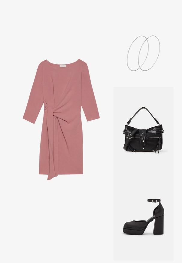 Roze, knielange jurk met driekwartmouwen, een geknoopt accent op de taille en een zachte, textuurstof. Ronde halslijn, eenvoudig ontwerp.; Zwarte platform hakken met een ronde neus, matte stof, hoge blokhak, verstelbare enkelband en subtiele stiksels.; Even&Odd by Zalando H24462 - Handtas - black; Zilveren hoepel oorbellen met een minimalistisch ontwerp. Cirkelvormig, gladde textuur en dun profiel. Lichtgewicht met een gepolijste afwerking.