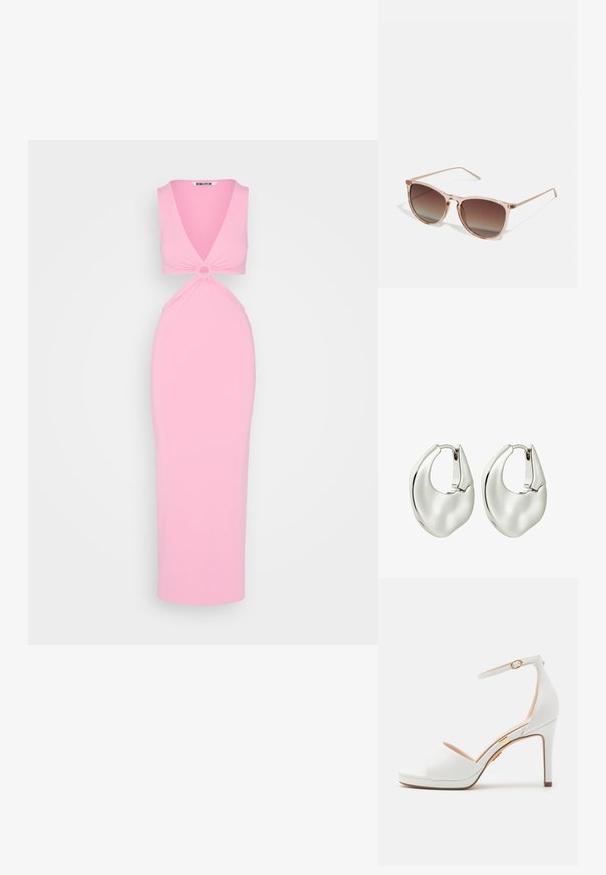 Neon & Nylon LINA LONG DRESS - Maxikleid - sachet pink; Weiße Sandale mit hohem Absatz, Knöchelriemen und offenem Zehenbereich, mit dünner goldener Schnalle und schlankem Stilettoabsatz.; Braune Farbverlauf-Sonnenbrille mit einem durchscheinenden rosa Rahmen, quadratischer Form und dünnen Metallbügeln. Verfügt über abgerundete Kanten und minimale Details.; Silberne Creolen mit einem glatten, abgerundeten Design. Sie verfügen über einen sicheren Verschluss und eine polierte Oberfläche für einen reflektierenden Look.
