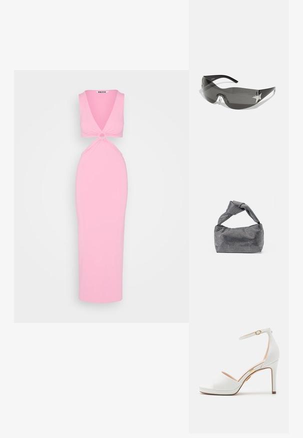 Neon & Nylon LINA LONG DRESS - Maxikleid - sachet pink; Weiße Sandale mit hohem Absatz, Knöchelriemen und offenem Zehenbereich, mit dünner goldener Schnalle und schlankem Stilettoabsatz.; Schwarze Sonnenbrille mit wrap-around Design, dunkel getönten Gläsern, glänzenden, sternförmigen Akzenten und verstellbaren Nasenpads.; Schwarz-silberne Handtasche mit einer strukturierten Oberfläche, die ein Diamantmuster aufweist, einem geknoteten Griff und einer strukturierten Form.