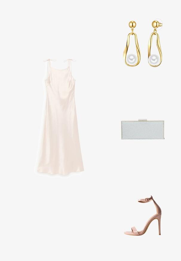 Robe nuisette en satin rose clair avec fines bretelles réglables et encolure droite, présentée sur fond blanc.; Sandale à talon haut en cuir verni nude avec bride de cheville, bout ouvert et talon stiletto fin. Texture lisse et design épuré.; Pochette bleu clair avec une surface texturée présentant des gouttes transparentes et en relief. Quincaillerie argentée au niveau de la fermeture supérieure, de forme rectangulaire.; Boucles d'oreilles en or avec un design de goutte allongé mettant en avant une perle blanche lisse au bas. Comprend un clou sphérique en haut.