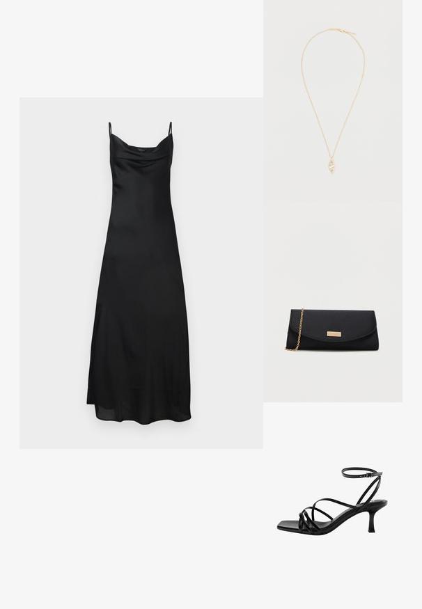 Robe nuisette en satin noir avec de fines bretelles, décolleté en cowl et une silhouette fluide. Le tissu a une texture lisse et brillante.; Sandale noire à lanières ouvertes à bout ouvert avec un petit talon bas et une bride à boucle à la cheville, présentant de fines lanières en cuir entrecroisées sur le dessus du pied.; Pochette noire avec une chaîne dorée et une petite plaque rectangulaire dorée sur le rabat avant.; Collier délicat en chaîne d'or avec pendentif en pierre précieuse claire en forme de diamant sur un fond blanc uni.