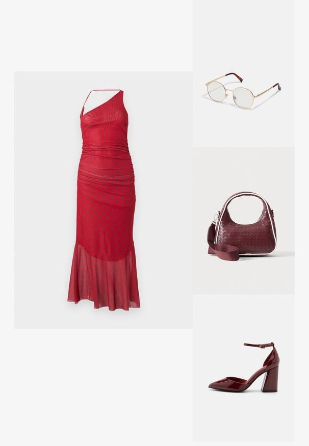 Robe rouge à une épaule avec un design froncé, superposition en tulle à pois, ourlet évasé et bretelle en spaghetti ajustable. Texture de tissu lisse.; Escarpin en cuir verni bordeaux à talon haut, avec un bout pointu, une bride de cheville et un talon épais. Texture lisse et design élégant.; Lunettes ovales en métal doré avec des verres transparents. Accents écaille sur les branches. Plaquettes de nez réglables pour le confort.; Sac à main en cuir tressé marron foncé avec poignée courbée, garniture blanche, fermeture éclair argentée et bandoulière large en tissu amovible sur fond uni.