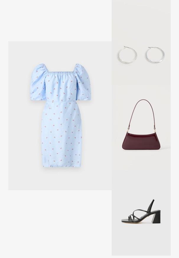 Robe bleue avec des manches bouffantes, un décolleté carré et des motifs fleuris de petites fleurs rouges sur un tissu texturé. Ajustée à la taille.; Sandales noires à talons avec un bout carré, présentant plusieurs fines bretelles et un talon bloc géométrique. Texture en cuir lisse et design minimaliste.; Sac à main brillant bordeaux foncé avec une anse fine unique et une forme trapézoïdale élégante sur un fond clair uni.; Boucles d’oreilles créoles en métal argenté avec une surface lisse légèrement incurvée et des fermoirs à clapet sur un fond blanc uni.