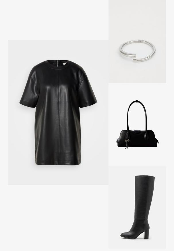 Haut en cuir noir à manches courtes avec encolure ronde et fermeture éclair au dos. Présente une texture lisse et une silhouette simple.; Bottes noires jusqu'au genou en cuir lisse, dotées d'un talon épais et d'un bout arrondi. Design minimaliste sans quincaillerie ni décorations visibles.; Sac à main en cuir noir Calvin Klein avec de longues anses, une étiquette logo à l'avant et un charme géométrique argenté suspendu à une anse.; Calvin Klein SPIRAL - Bracelet - silver-coloured