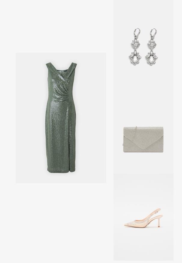 Schitterende groene pailletten jurk met een V-hals, mouwloos ontwerp en een geraffineerde taille. Valt tot op de knie, gladde textuur.; Steve Madden VERO - Hoge hakken - champagne; Metalen zilveren clutch met een envelopontwerp, verrijkt met een gestructureerd patroon, voorzien van een afneembare kettinghengsel.; Zilverkleurige oorbellen met meerdere heldere kristalgesteenten in druppel- en marquisevormen, met sluitingen met een leversysteem en ingewikkelde details.