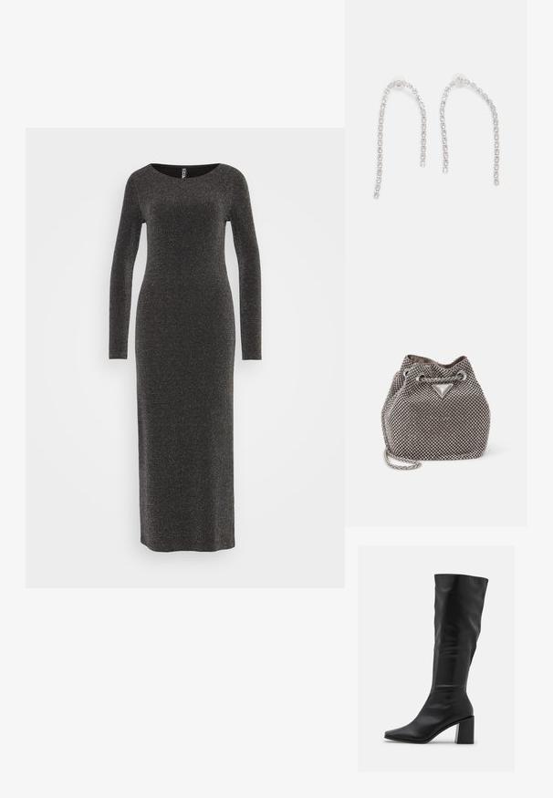 Pieces PCPIA O NECK DRESS - Jerseykjole - black/silver; RAID BLICK - Høje støvler/ Støvler - black; Metallic grå bucket bag med rhinsten dekorationer, en snører lukning og en sølv kæde rem. Har en logo plade på forsiden.; Sølvøreringe med hængende kæder, prydet med flere klare ædelsten arrangeret i et lineært mønster, der giver en glitrende effekt.