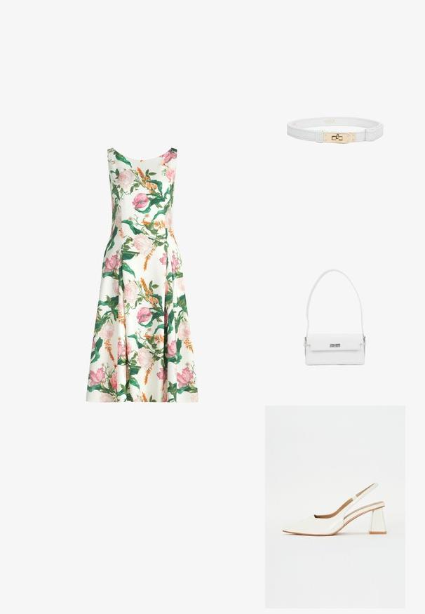 Mouwloze witte midi-jurk met roze, oranje en groene bloemenprint en een licht uitlopende rok.; Witte patenten leren slingback schoen met een spitse neus en een geometrische blokhak. Het interieur heeft een tan kleurige inlegzool en minimale zijsnedes.; Witte rechthoekige handtas met een enkele bovenhandgreep en een zilveren draaivergrendeling op de voorflap.; Witte leren riem met gouden metalen gesp met een rechthoekige draaivergrendeling, weergegeven tegen een witte achtergrond.