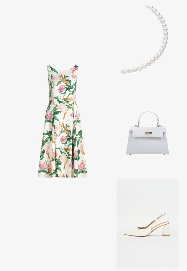 Mouwloze witte midi-jurk met roze, oranje en groene bloemenprint en een licht uitlopende rok.; Witte patenten leren slingback schoen met een spitse neus en een geometrische blokhak. Het interieur heeft een tan kleurige inlegzool en minimale zijsnedes.; ESTRO Handtas - white; Parelketting met ronde, glanzende witte parels die aan elkaar zijn geregen, met een gladde oppervlakte en consistente sferische vorm.
