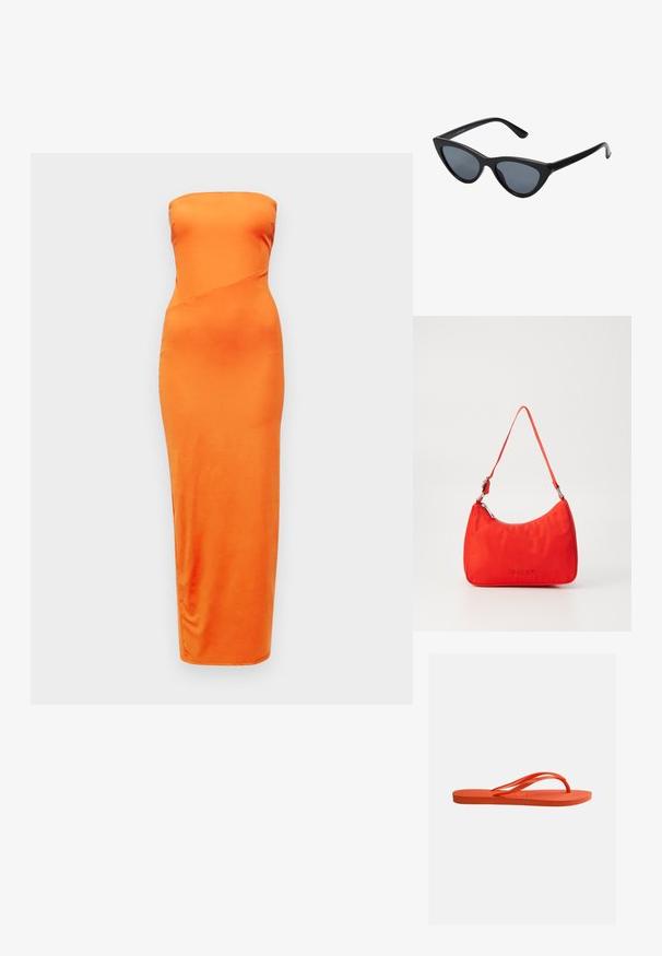 Robe en satin orange sans bretelles avec une silhouette ajustée, présentant un détail de couture en biais et un ourlet droit, texture lisse tout au long.; Tongs en caoutchouc orange vif avec semelle texturée et bride en forme de Y sur fond blanc uni.; Lunettes de soleil noires en forme d'œil de chat avec des verres gris foncé, monture en plastique élégante, coins pointus et branches droites. Pas de métal visible ni d'accents.; Sac à main en nylon rouge avec une silhouette courbée, une seule anse, des accessoires en métal argenté et un logo embossé à l'avant. Texture lisse.