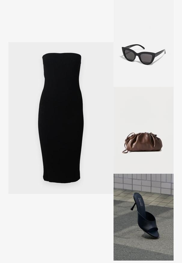 Robe midi noire sans bretelles en maille côtelée avec une silhouette ajustée, présentée sur un fond blanc uni.; Mule noire à bout ouvert avec un talon haut et fin, posée sur de l'asphalte près d'un mur carrelé de beige, avec un texte imprimé sur la semelle intérieure indiquant la marque et le matériau vegan.; Lunettes de soleil noires en forme d'œil de chat avec une finition mate, dotées de verres teintés gris, d'angles aigus et de branches élégantes. Nom de la marque visible sur la branche intérieure.; Sacoche en cuir marron doux avec un haut froncé et une fine bandoulière, posée sur un fond blanc.
