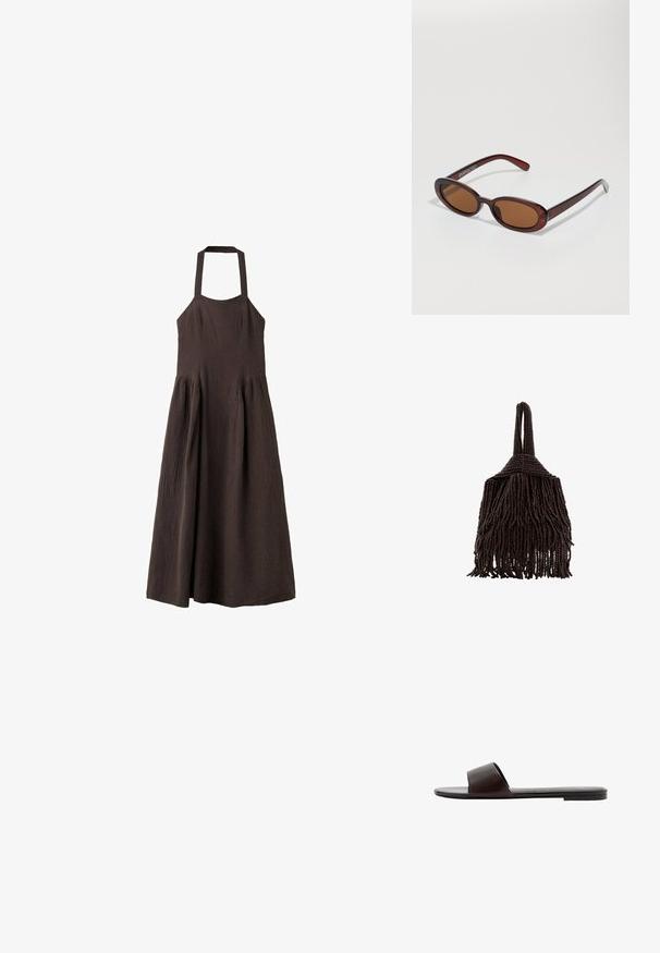 Robe midi marron sans manches avec un col halter et une jupe froncée, en tissu texturé.; Sandale plate noire à enfiler avec une large bride unique et une semelle fine, vue de côté sur fond blanc.; Lunettes de soleil rondes teinte brun avec une monture bordeaux brillante. Branches fines avec un détail de marque subtil. Design de verres plats.; Petit sac à main marron foncé couvert de rangées denses de perles avec une anse bouclée et un design frangé et texturé.