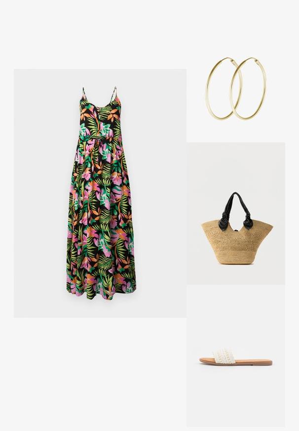 Robe maxi noire sans manches avec motifs tropicaux floraux et feuillus roses, orange et verts, fines bretelles, devant boutonné et taille froncée.; Sandale à glissière tissée blanche avec une texture tressée et des perles décoratives, dotée d'une semelle intérieure lisse couleur tan et d'une semelle en caoutchouc plate.; Sac fourre-tout en paille tissée de forme large et triangulaire, avec des anses en cuir noir nouées et un dessus ouvert. Couleur paille naturelle avec texture.; Boucles d'oreilles en or en forme de cerceau, présentant un design lisse et rond avec une finition brillante. Construction légère avec un fermoir sécurisé.