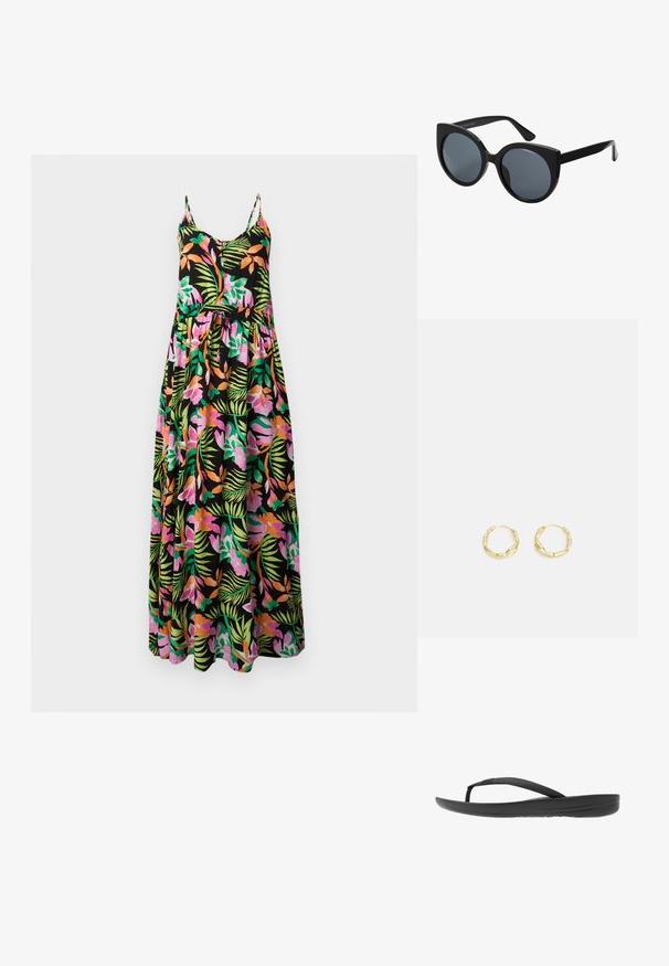Zwarte mouwloze maxi-jurk met roze, oranje en groene tropische bloemen- en bladpatronen, dunne bandjes, knoopsluiting aan de voorkant en een geplooide taille.; Zwarte flip-flop met een gestructureerde band, een gevoerde zool en een strak, minimalistisch ontwerp. Geschikt voor casual gebruik.; Zwarte oversized zonnebril met een kattenoogvorm, donkere getinte lenzen en een glanzend plastic montuur. Beschikt over dikke tempels voor extra ondersteuning.; Gouden creolen met een gestructureerd, onregelmatig oppervlak. Beschikt over een lichtgewicht ontwerp en een ronde vorm, geschikt voor dagelijks gebruik.