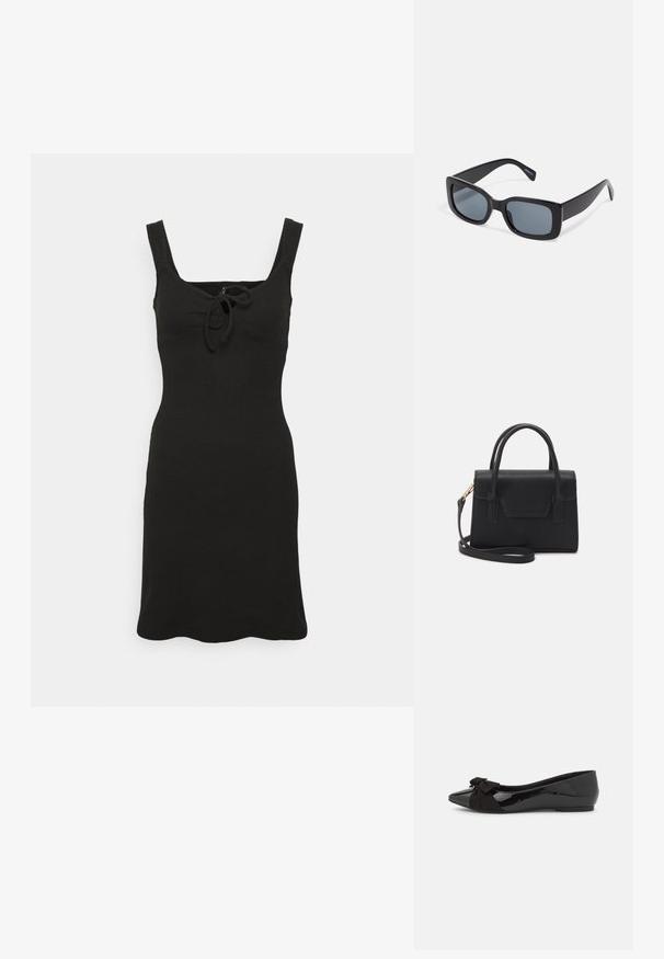 Pieces PCTEGAN STRAP DRESS - Hverdagskjole - black; Sort balletflade med en blank patentfinish og en kontrasterende sort ruskinds sløjfe på tåen. Flad sål. Minimalistisk design.; Sorte rektangulære solbriller med mørkt tonede linser, tyk plastramme og brede stænger. Glat overflade og kantet design.; Sort struktureret håndtaske lavet af læder med et topgreb, aftagelig skulderrem og detalje med frontklap. Guldhardware accenter.