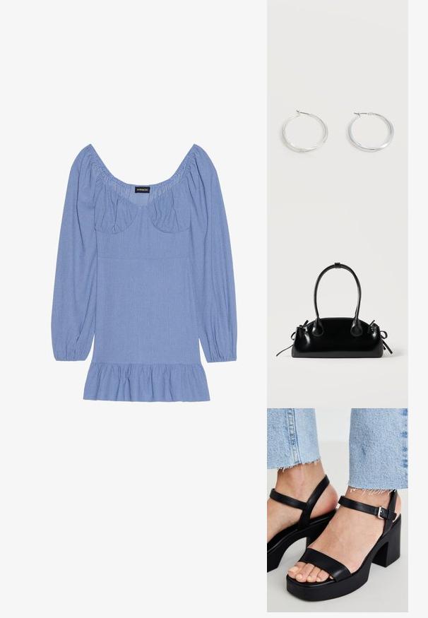 Blaue strukturierte Bluse mit langen Puffärmeln, weitem Ausschnitt und einem Volantsaum. Verfügt über geraffte Akzente an den Schultern und der Brust.; ALDO CELIE - High Heel Sandalette - black; Kleine schwarze glänzende Handtasche mit zwei langen Griffen und seitlichen Kordelzug-Details vor einfachem hellem Hintergrund.; Silberne Metallcreolen mit glatter, leicht gebogener Oberfläche und Klappverschluss vor schlicht weißem Hintergrund.