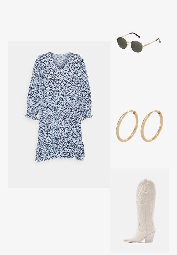 mbyM Jurk - sindi blue; Witte leren cowboylaars met een spitse neus en een vierkante hak. Heeft ingewikkelde stikpatronen op de schacht en een soepele textuur.; Ronde zonnebrillen met metallic gouden monturen en donkergroene lenzen. De armen hebben een schildpadmotief voor extra detail.; Gouden creolen met een gladde, gepolijste afwerking. Ronde vorm, middelgrote maat, met een veilige sluitmechanisme.